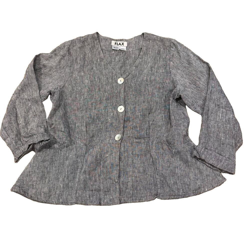 FLAX Lagenlook 100% Linen Peplum Shirt Jacket Shell Buttons Black Small Pockets